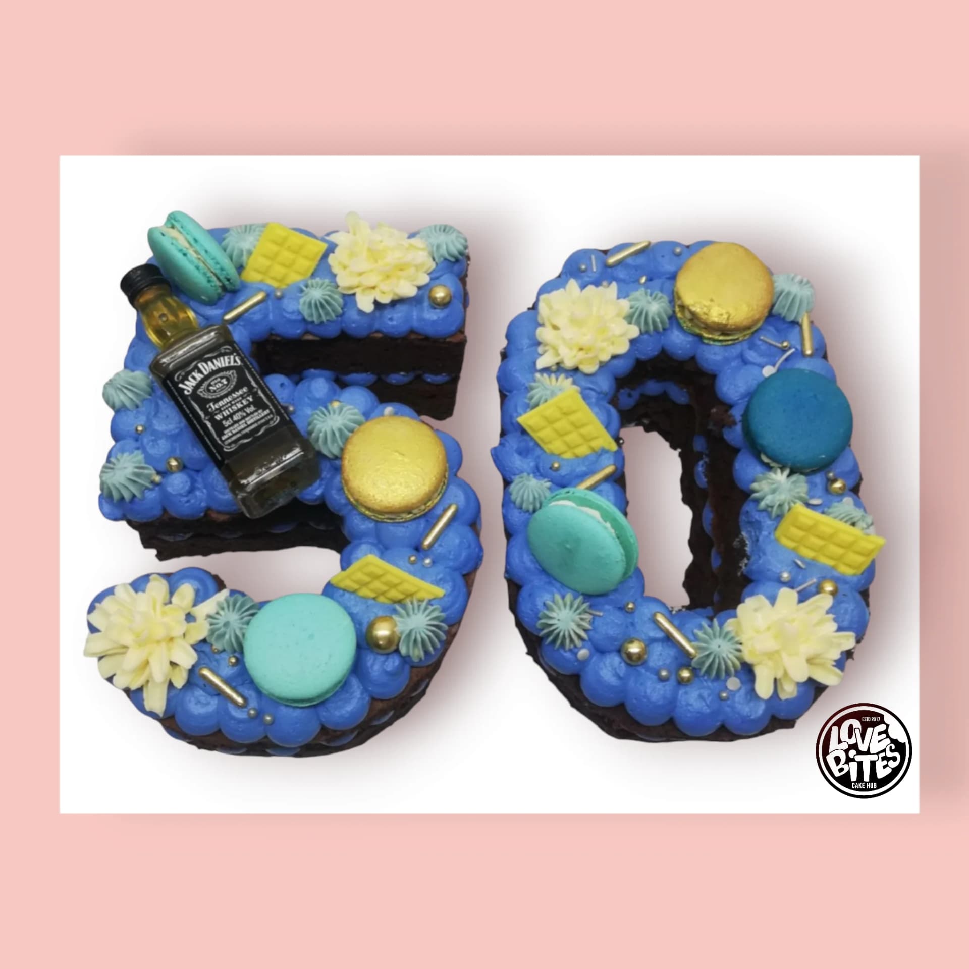 Custom Blue Jack Daniel's with Macaron-Theme Number Cake by Love Bites Cake Hub